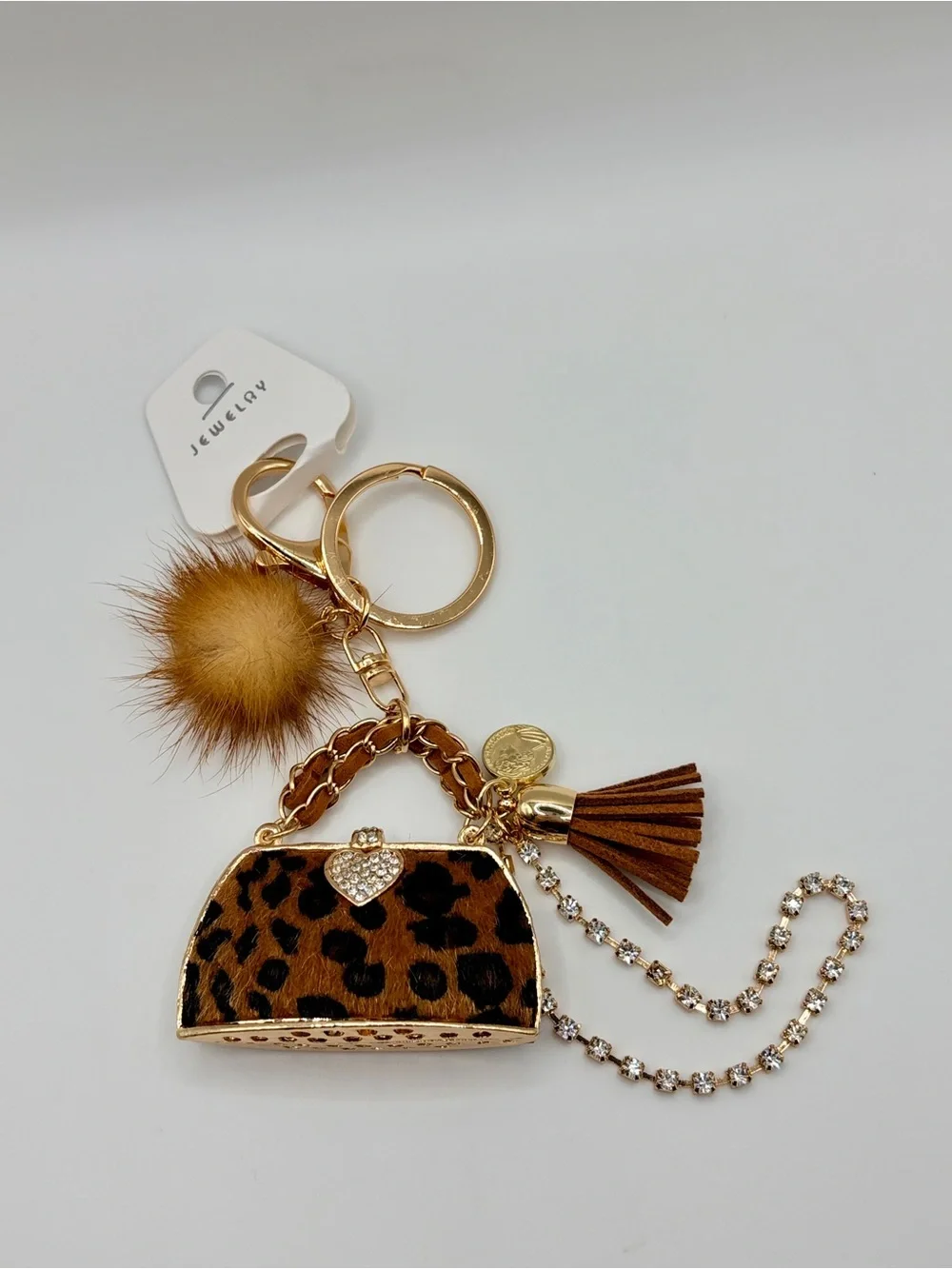 Bougie Leopard Print Purse Keychain with Brown Fur Pom Pom and Tassel
